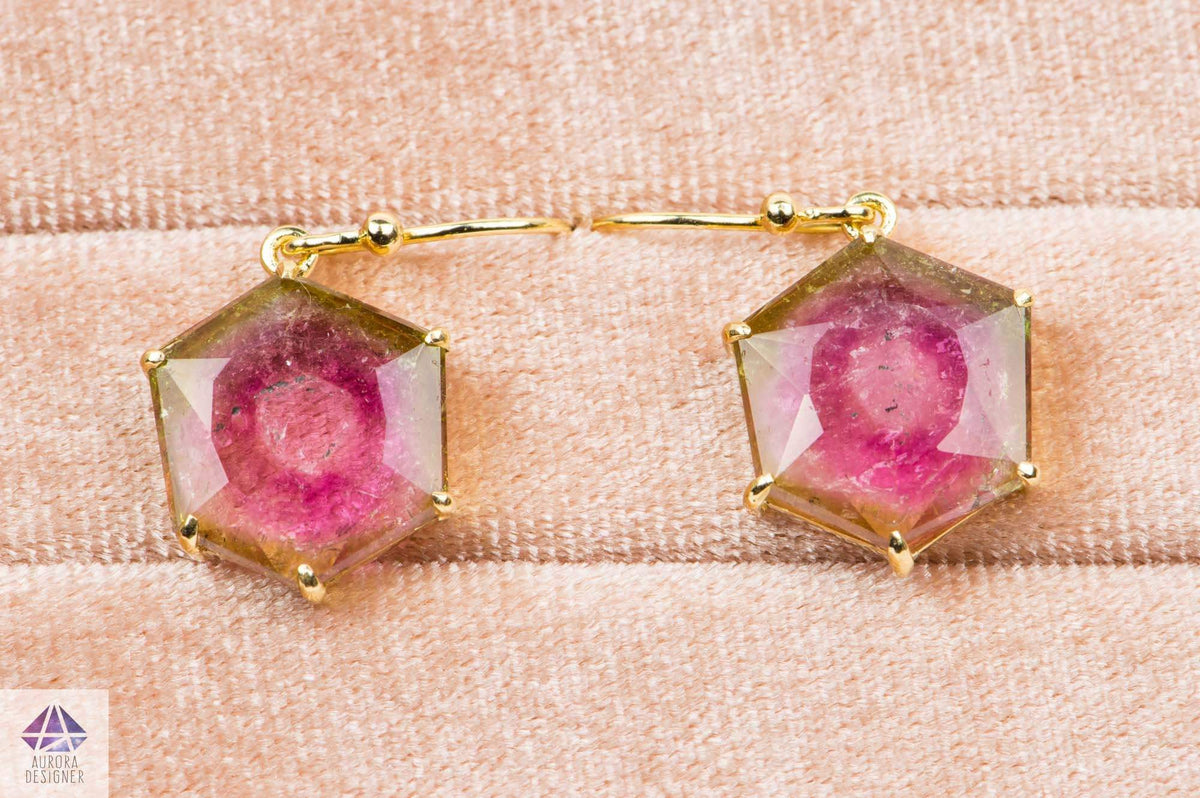 9.45ct Watermelon Tourmaline Dangle Earrings 14K Yellow Gold Hexagon Shape Geometric Unique AD1912