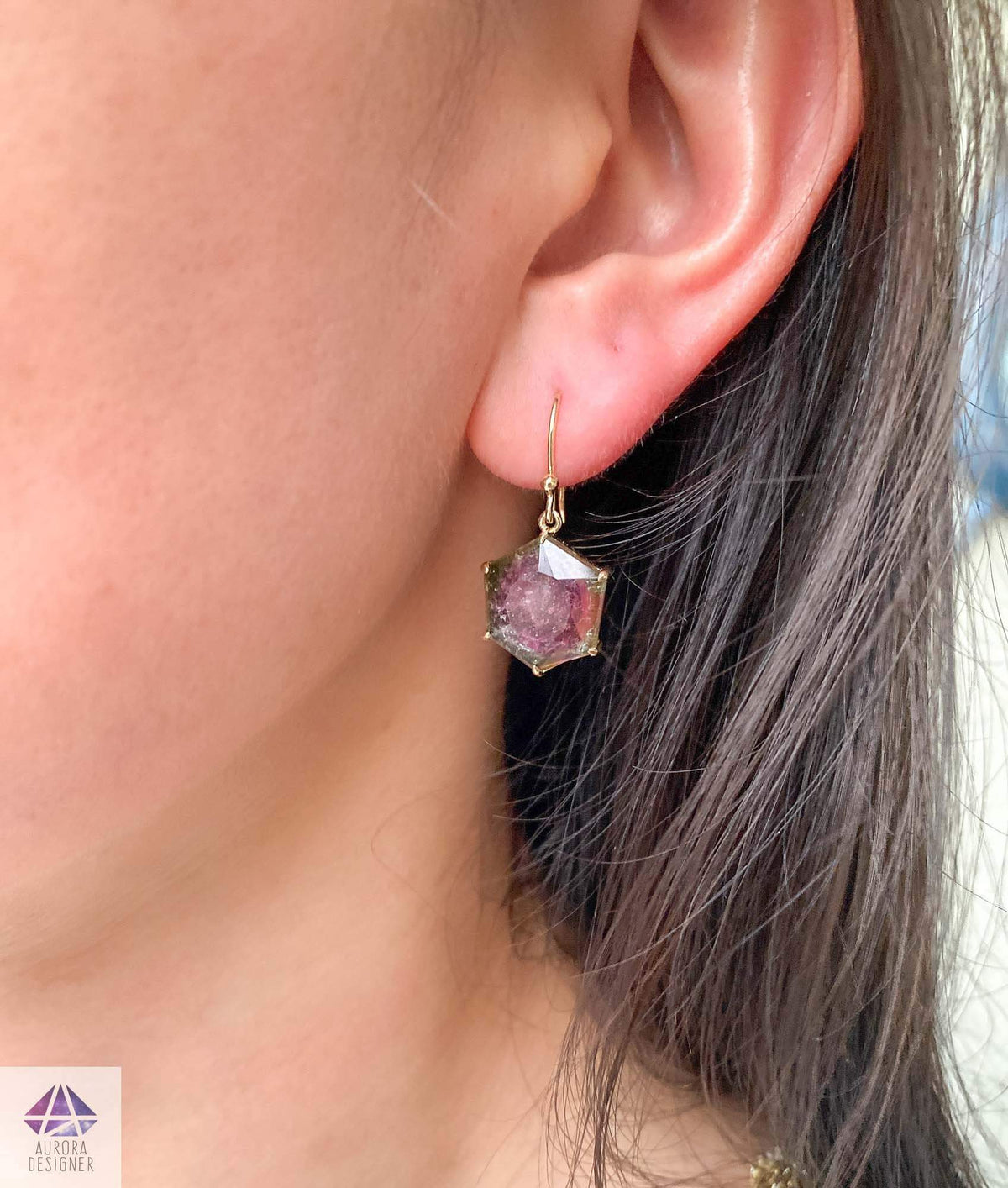 9.45ct Watermelon Tourmaline Dangle Earrings 14K Yellow Gold Hexagon Shape Geometric Unique AD1912
