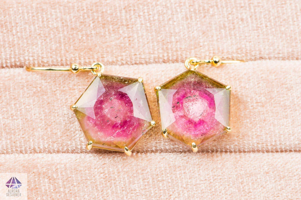 9.45ct Watermelon Tourmaline Dangle Earrings 14K Yellow Gold Hexagon Shape Geometric Unique AD1912
