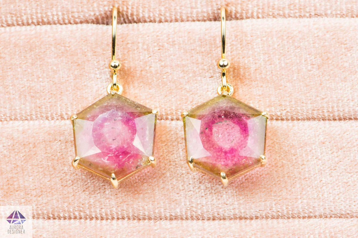 9.45ct Watermelon Tourmaline Dangle Earrings 14K Yellow Gold Hexagon Shape Geometric Unique AD1912