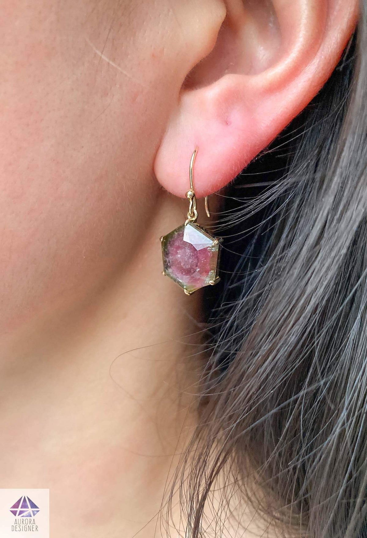 9.45ct Watermelon Tourmaline Dangle Earrings 14K Yellow Gold Hexagon Shape Geometric Unique AD1912