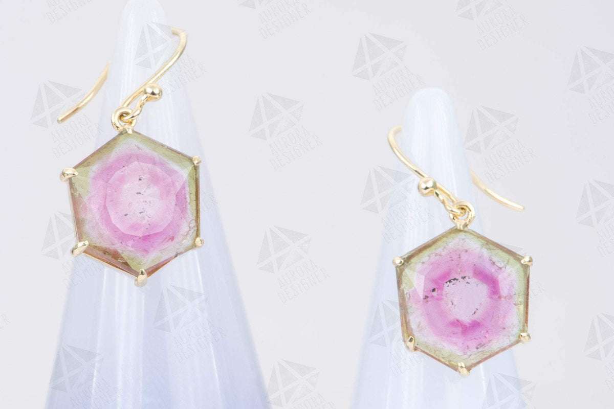 9.45ct Watermelon Tourmaline Dangle Earrings 14K Yellow Gold Hexagon Shape Geometric Unique AD1912