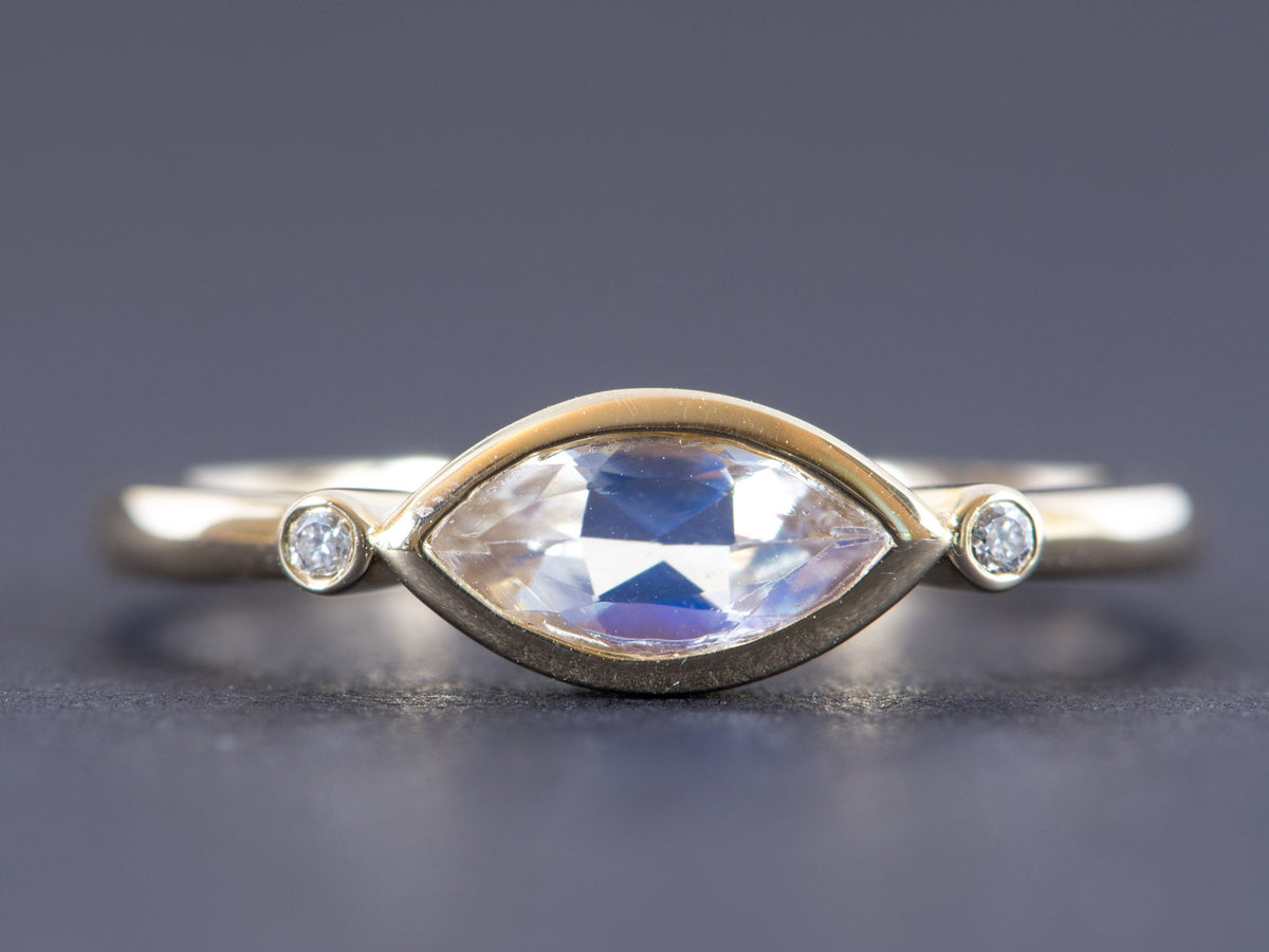 East-West Bezel Set Marquise Rainbow Moonstone with Diamonds 14K Engagement Ring AD1234 Aurora Designer