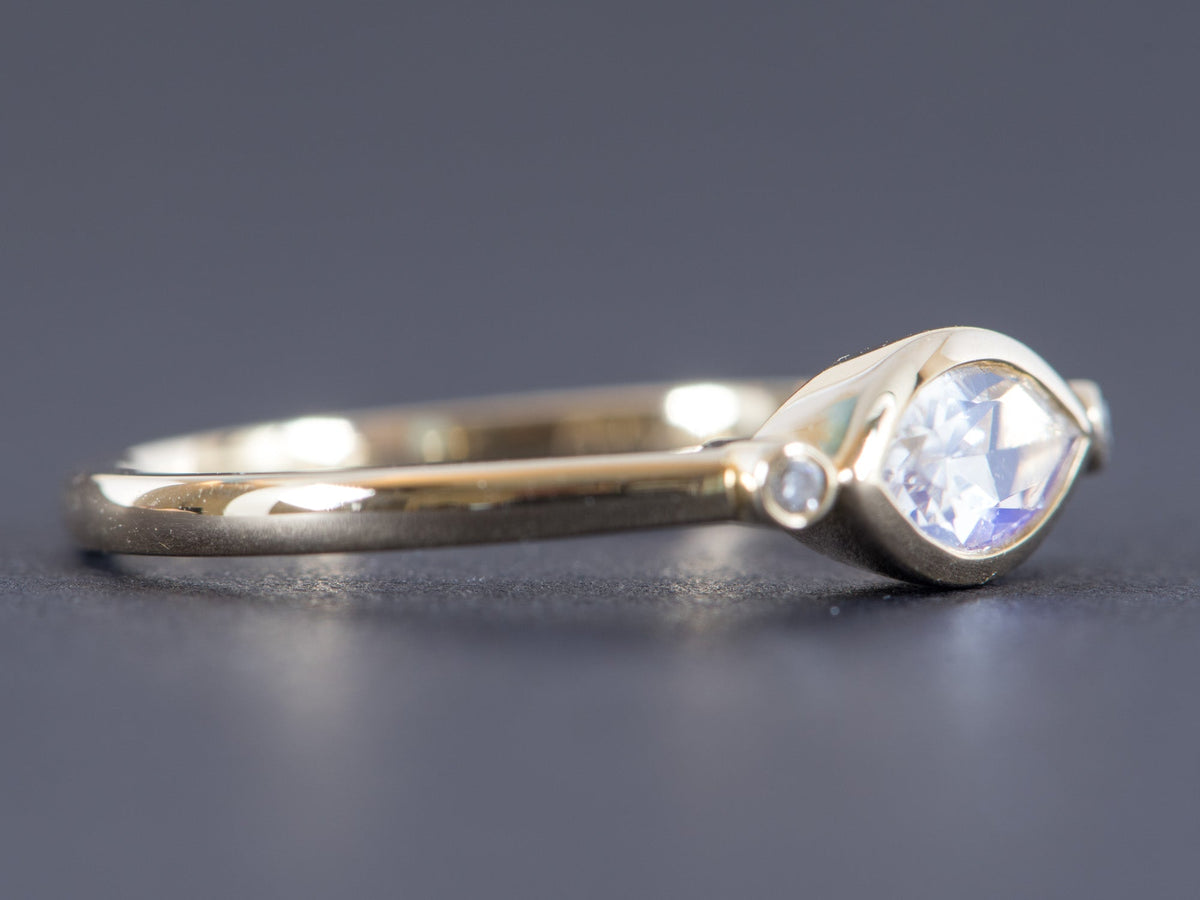 East-West Bezel Set Marquise Rainbow Moonstone with Diamonds 14K Engagement Ring AD1234 Aurora Designer