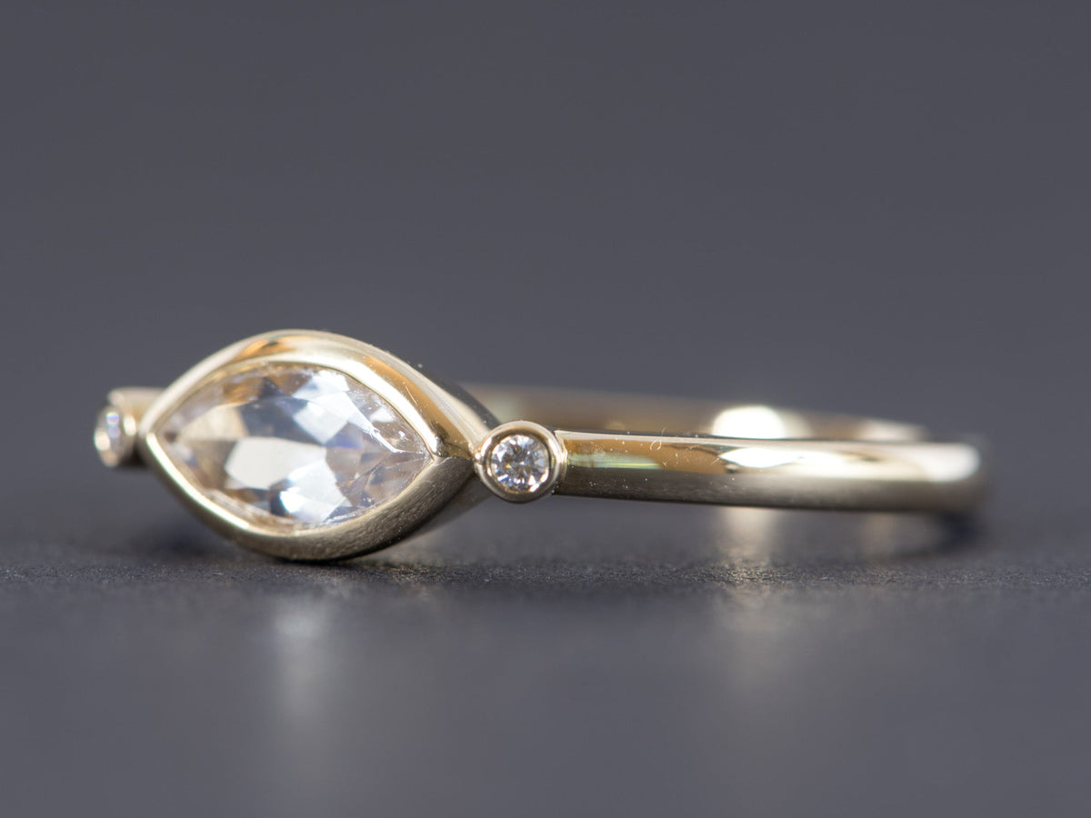 East-West Bezel Set Marquise Rainbow Moonstone with Diamonds 14K Engagement Ring AD1234 Aurora Designer