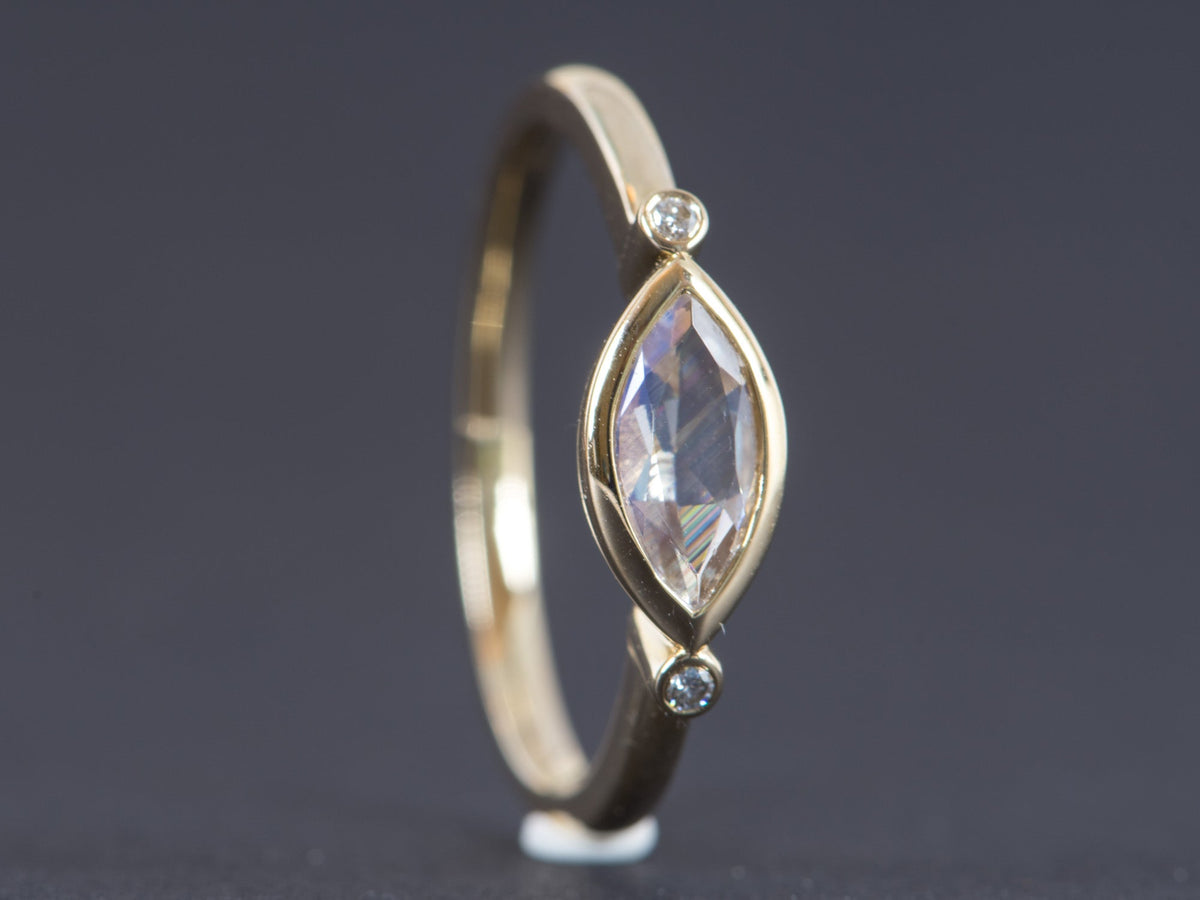 East-West Bezel Set Marquise Rainbow Moonstone with Diamonds 14K Engagement Ring AD1234 Aurora Designer