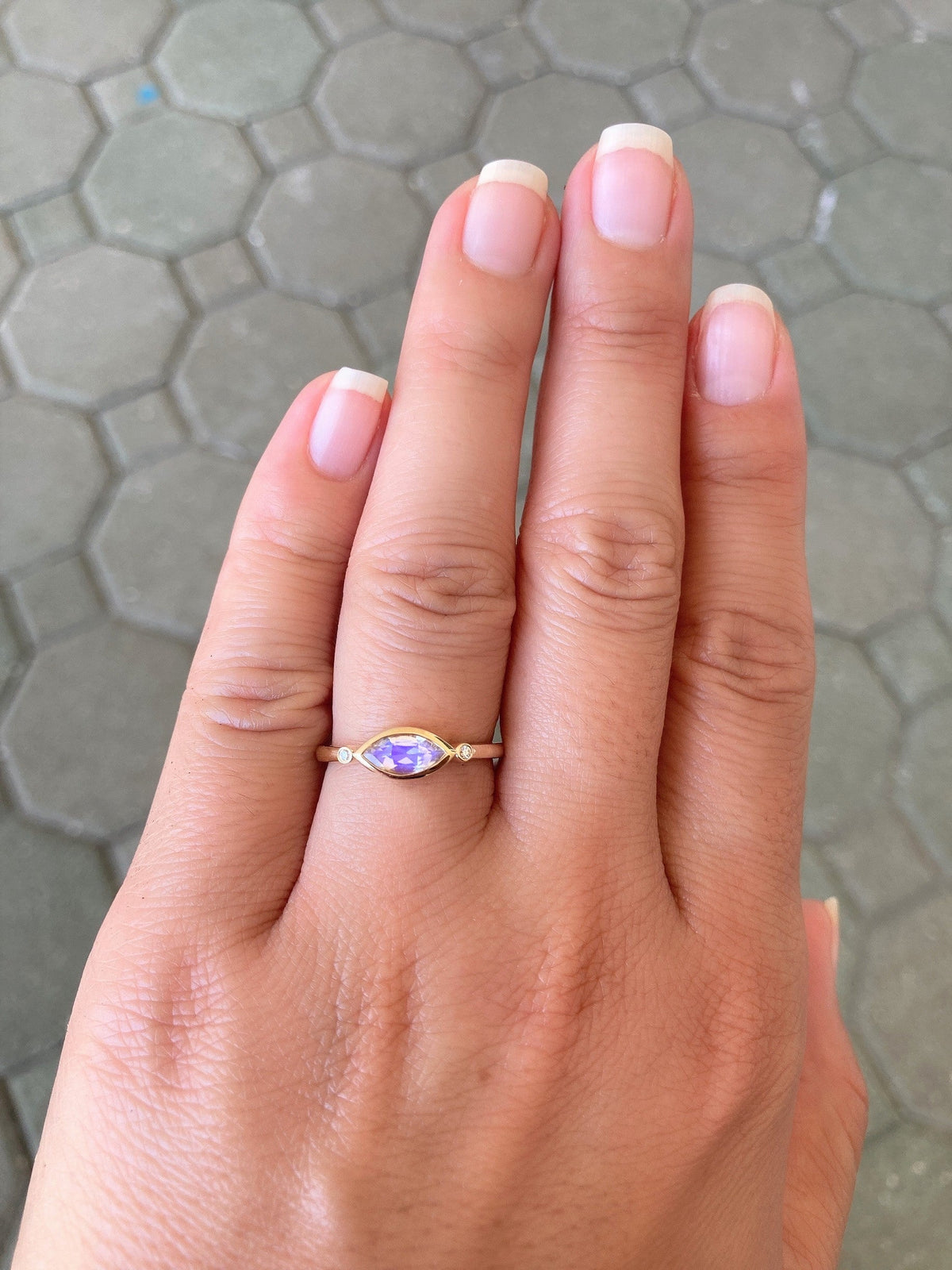East-West Bezel Set Marquise Rainbow Moonstone with Diamonds 14K Engagement Ring AD1234 Aurora Designer