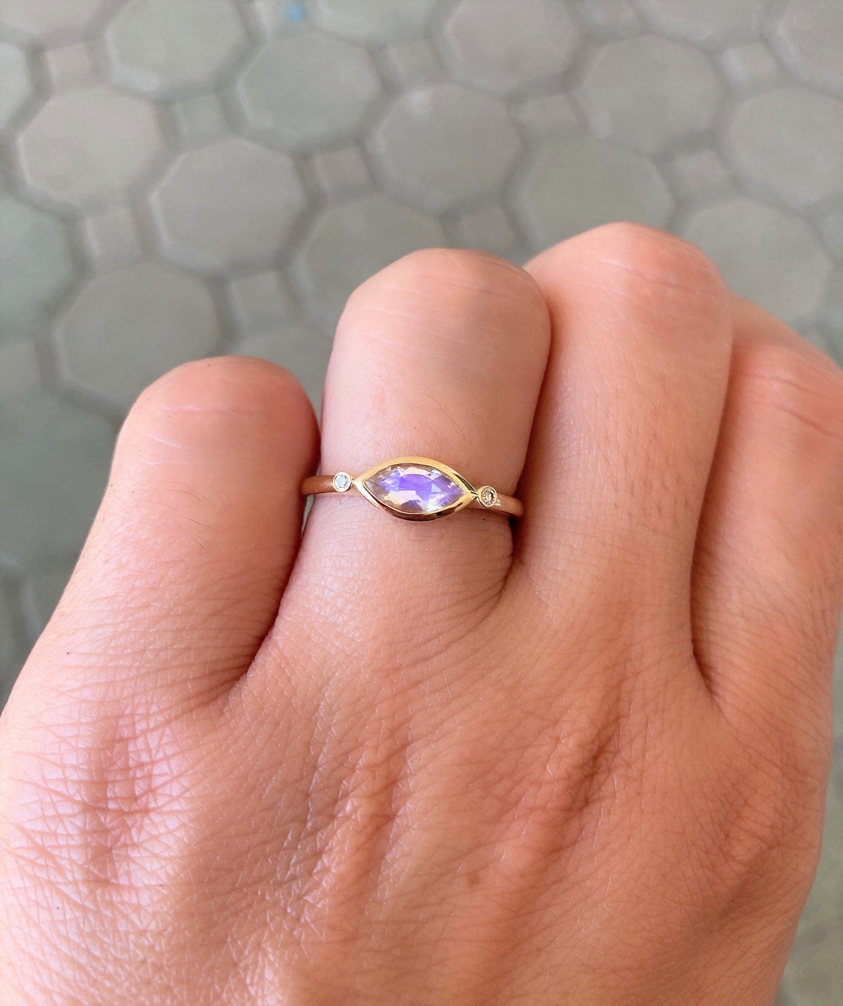 East-West Bezel Set Marquise Rainbow Moonstone with Diamonds 14K Engagement Ring AD1234 Aurora Designer