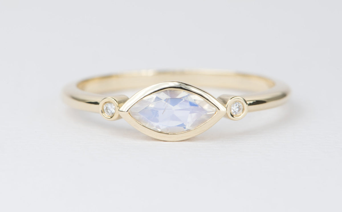 East-West Bezel Set Marquise Rainbow Moonstone with Diamonds 14K Engagement Ring AD1234 Aurora Designer