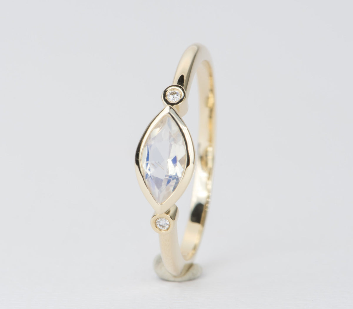 East-West Bezel Set Marquise Rainbow Moonstone with Diamonds 14K Engagement Ring AD1234 Aurora Designer