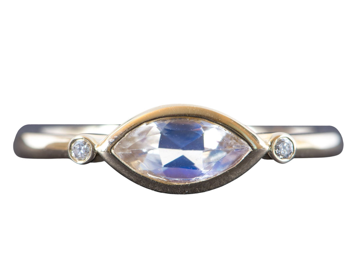 East-West Bezel Set Marquise Rainbow Moonstone with Diamonds 14K Engagement Ring AD1234 Aurora Designer