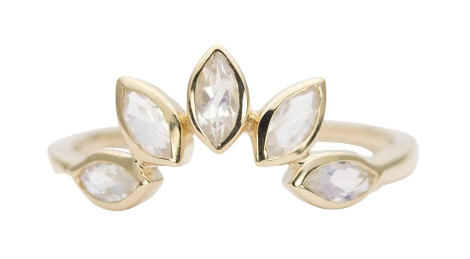 Marquise Rainbow Moonstone Crown Ring 14K Yellow Gold Wedding Band AD1250 Aurora Designer