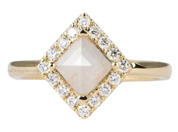 Shield Shape Milky White Diamond 14K Yellow Gold Engagement Ring Halo Salt and Pepper AD1258-5 Aurora Designer