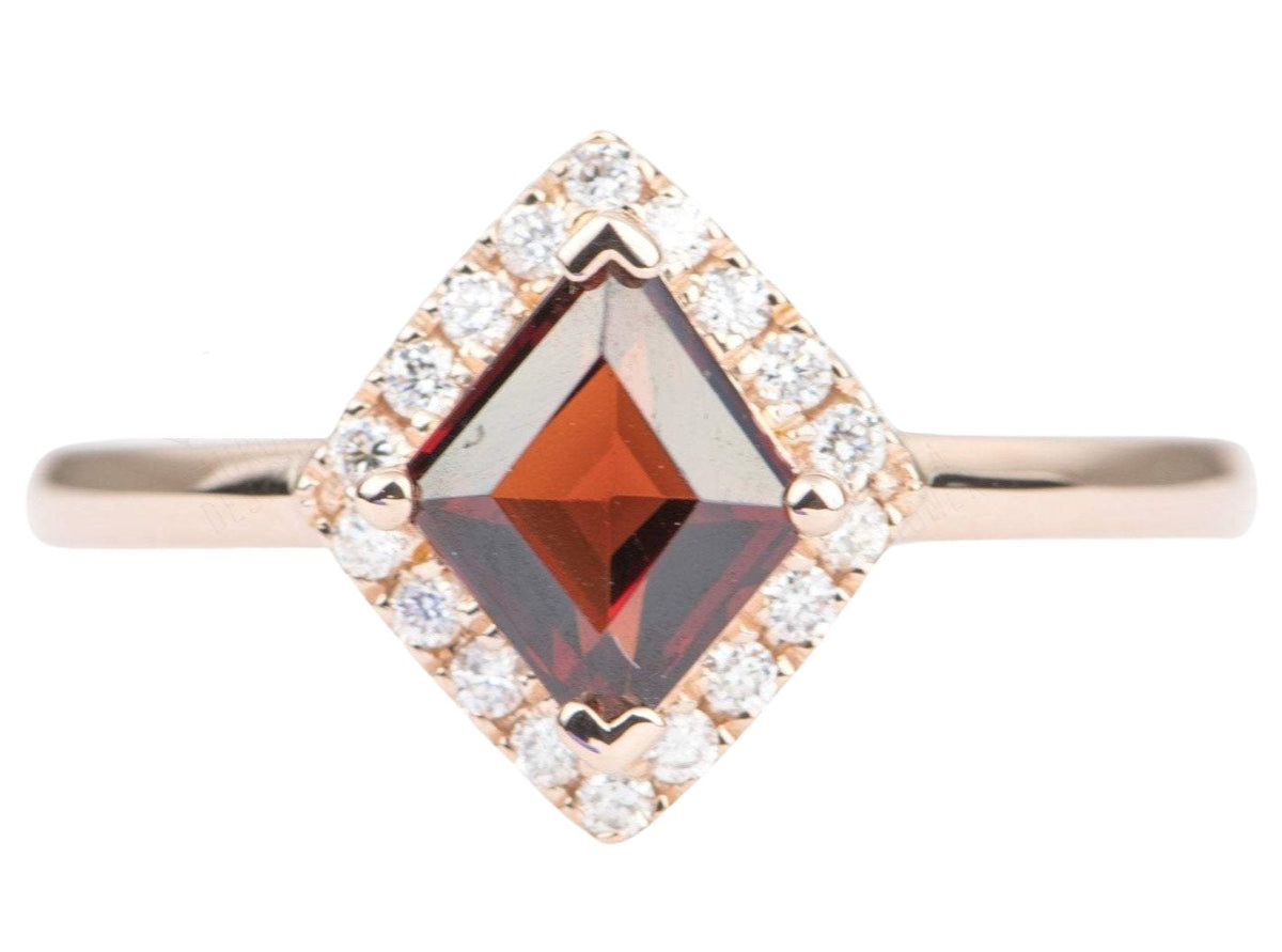 Kite Shape Spinel with Diamond Halo Engagement Ring 14K Rose Gold Red Geometric August AD1258-7 Aurora Designer