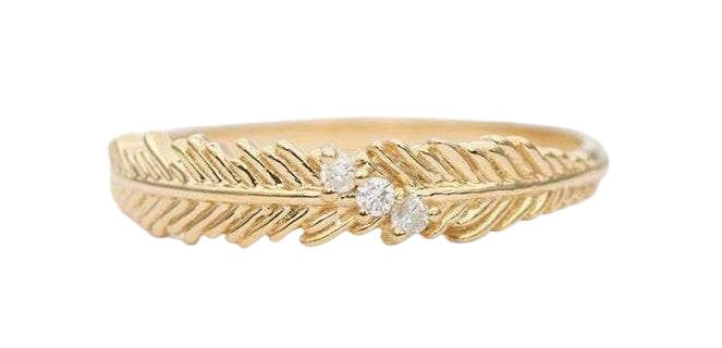 Feather with Three Diamond Ring 14K Gold Unique Wedding Band Stacking Rings Stackable AD1300 Aurora Designer