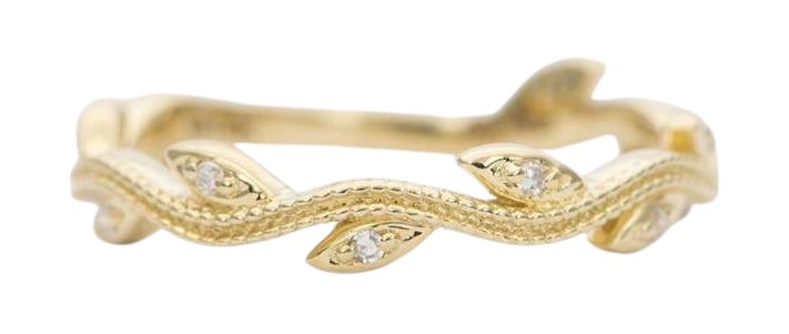 Diamond Leaf Double Milgrain 14K Gold Wedding Band Ring Eternity Scroll Wave AD1340 Aurora Designer