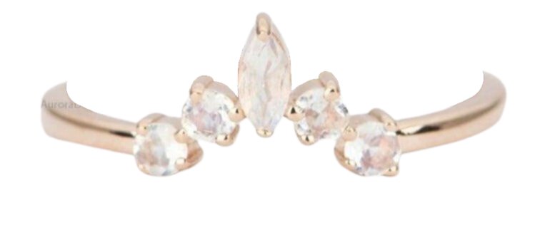 Round &amp; Marquise Rainbow Moonstone Ring 14K Gold Crown Wedding Band Curve Contoured AD1446M Aurora Designer