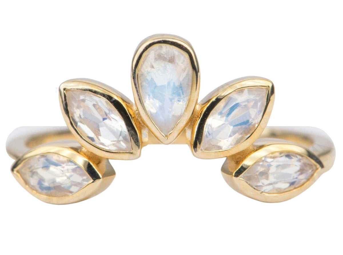 Pear Marquise Shape Rainbow Moonstone Ring 14K Gold Bezel Set Unique Wedding Band Sunburst AD1448 Aurora Designer