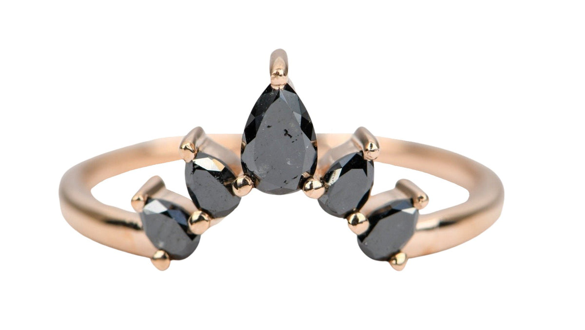 Pear Shape Black Diamond 14K Gold Wedding Band Curve Crown Tiara Unique Ring Guard AD1456B Aurora Designer