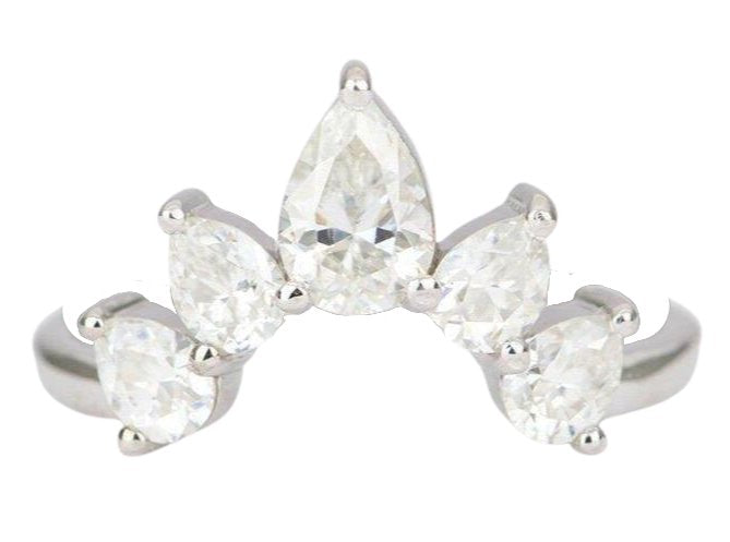 Pear Shape Moissanite 14K Gold Wedding Band Curve Crown Tiara Unique Ring Guard Enhancer AD1456MS Aurora Designer