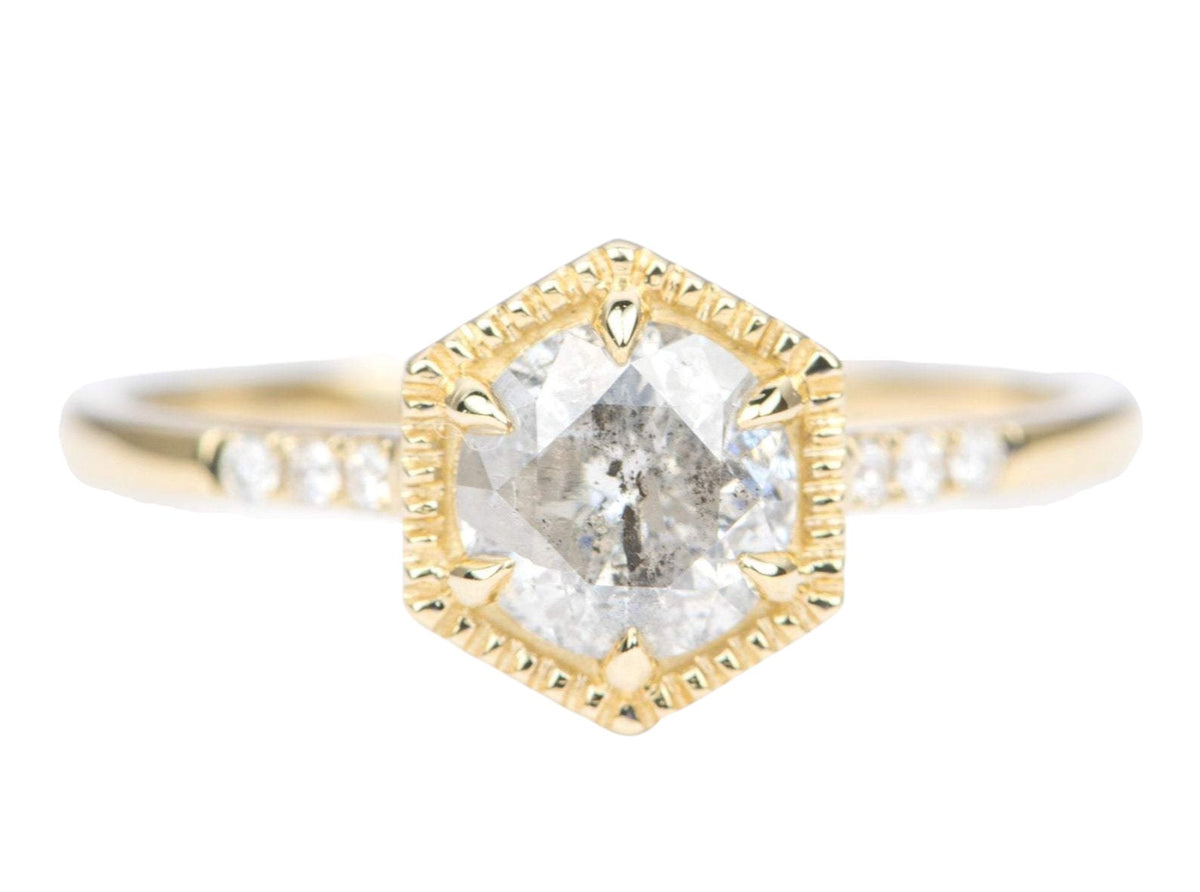 Round Brilliant Cut Salt and Pepper Diamond 14K Yellow Gold Engagement Ring Trio Sides AD1462-33 Aurora Designer