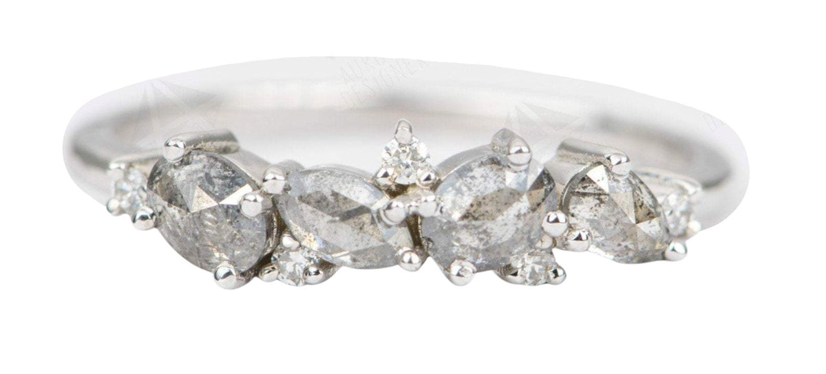 Mixed Shape Salt and Pepper Diamond Cluster Ring 14K Gold Unique Wedding Band Oval Pear AD1469SP Aurora Designer
