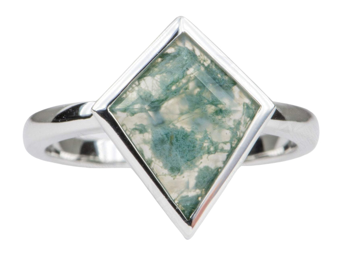 1.71ct Kite Shape Moss Agate Bezel Set Engagement Ring 14K White Gold Low Profile OOAK AD1486-7 Aurora Designer