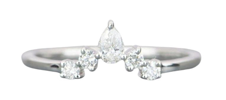 Round &amp; Pear Shape Diamond Ring 14K Gold Crown Wedding Band Curve Contoured Tiara Stacking AD1543 Aurora Designer