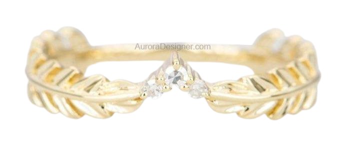 Curved Leaf Diamond Ring Unique Wedding Band 14K 18K Gold Nesting Rings Enhancer Stacker AD1546 Aurora Designer