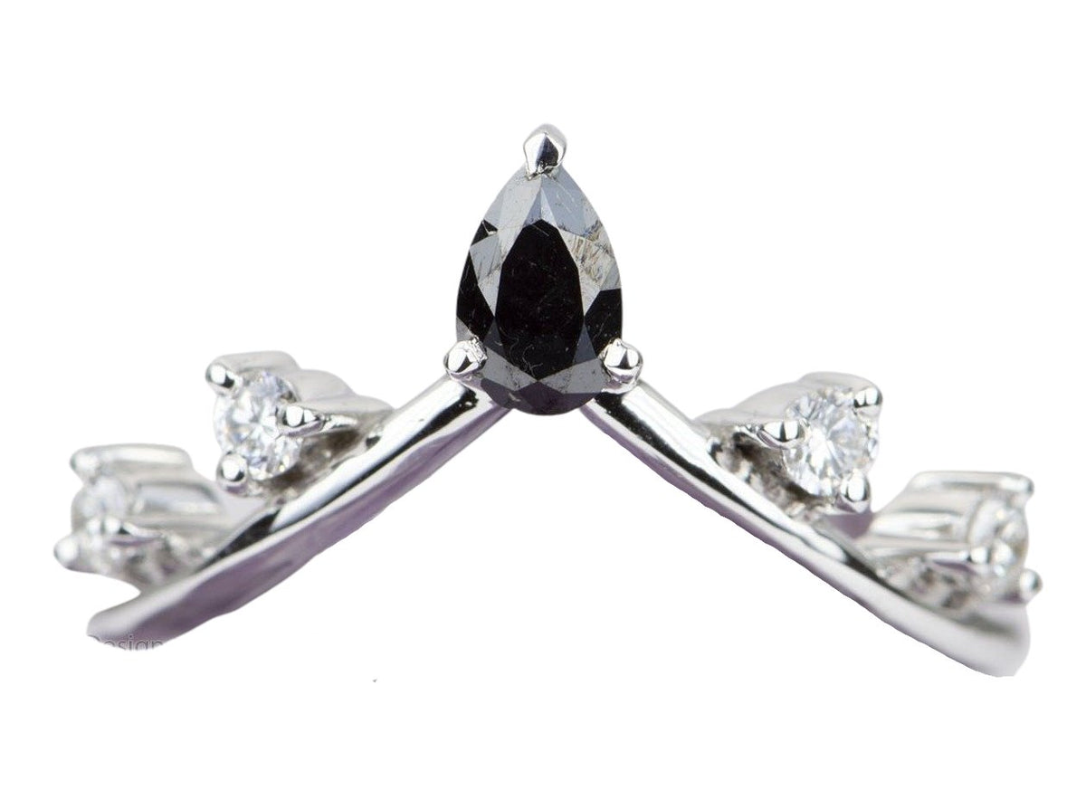 Black &amp; White Diamond Ring 14K Gold Unique Wedding Band Pear Shape Stacking Rings Enhancer AD1574-1 Aurora Designer