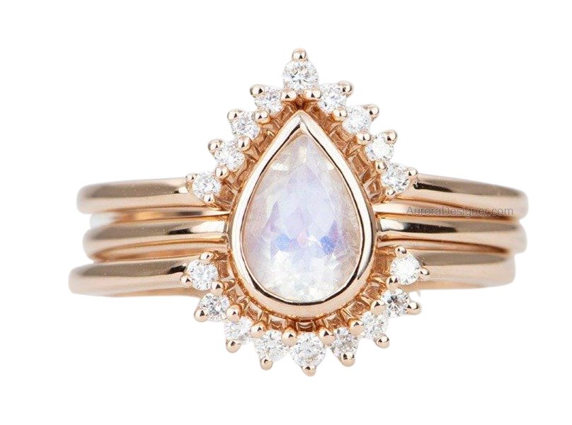 Pear Shape Rainbow Moonstone 14K Gold Engagement Ring Set with Two Diamond Nesting Wedding AD1587 Aurora Designer