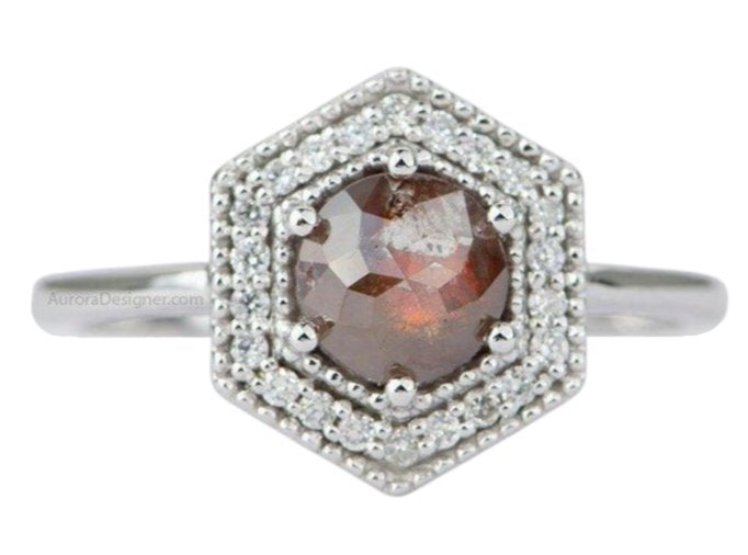 0.78ct Rosecut Round Diamond Engagement Ring 14K White Gold Hexagon Milgrain Halo AD1727 Aurora Designer