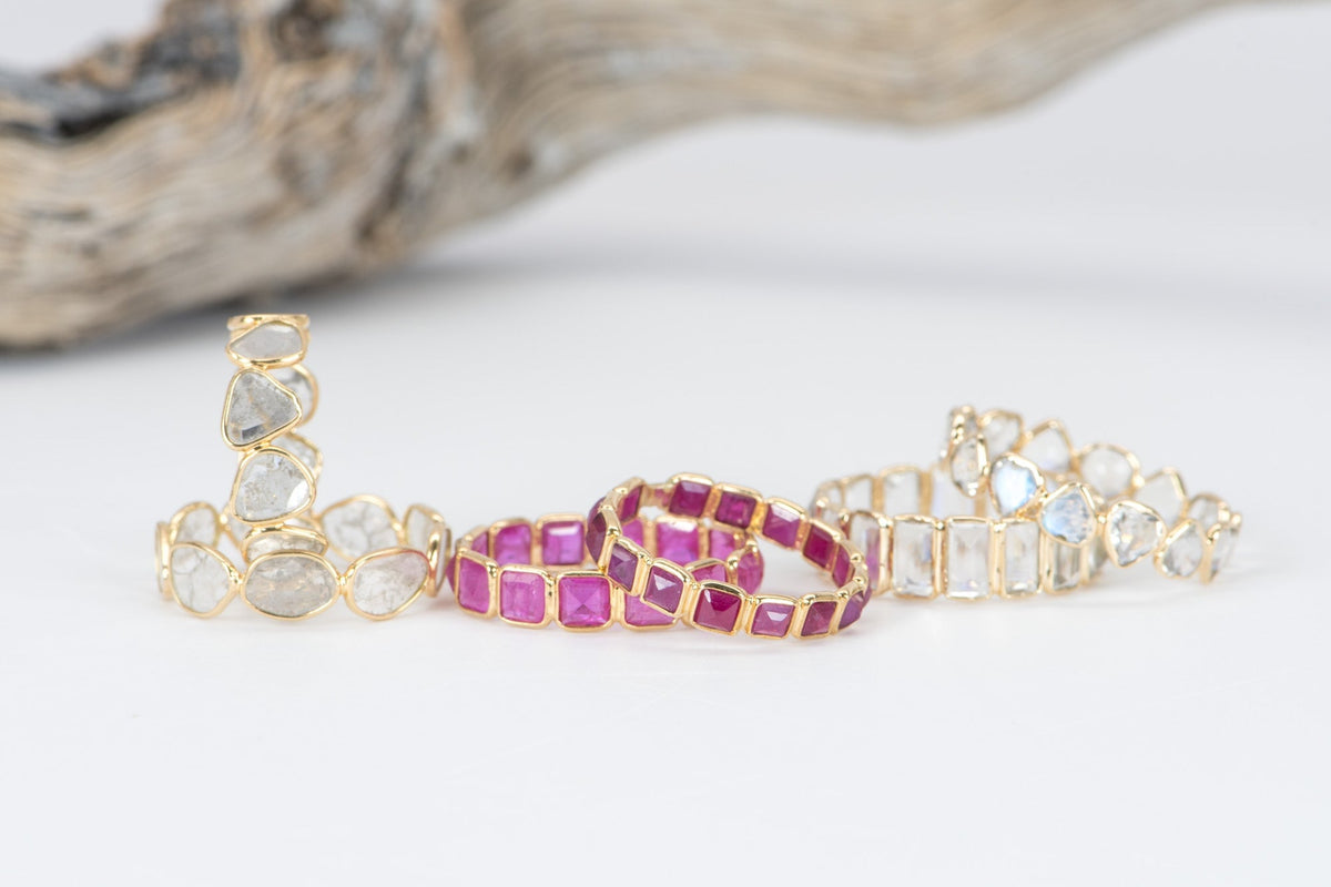 Ruby Bezel Set 18k Gold Wedding Band Full Eternity Ring AD1663 Aurora Designer