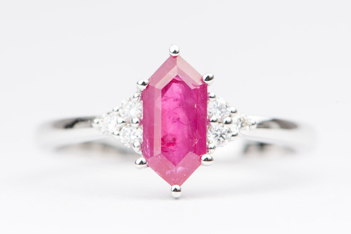 1.27ct Hexagon Ruby Engagement Ring 14K White Gold Trio Diamond Sides Red Pink July AD1752-27 Aurora Designer