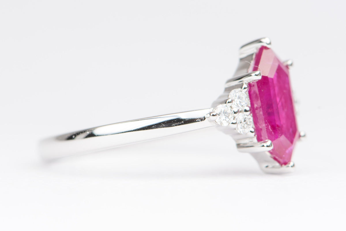 1.27ct Hexagon Ruby Engagement Ring 14K White Gold Trio Diamond Sides Red Pink July AD1752-27 Aurora Designer