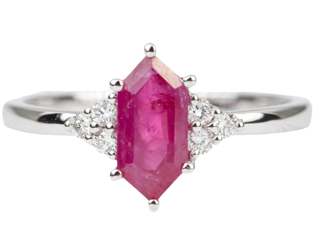 1.27ct Hexagon Ruby Engagement Ring 14K White Gold Trio Diamond Sides Red Pink July AD1752-27 Aurora Designer