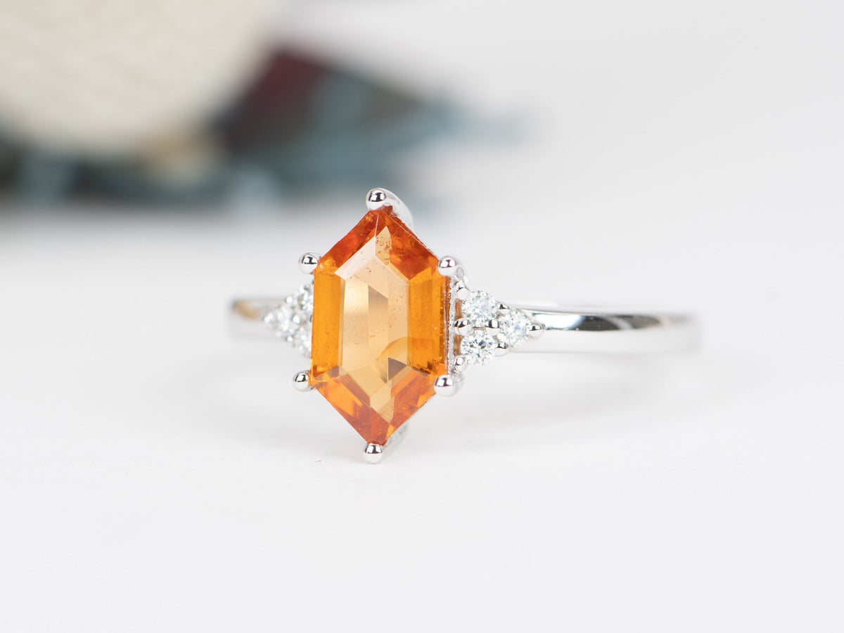 1.41ct Hexagon Shape Mandarin Garnet Engagement Ring 14K White Gold Trio Diamond Sides AD1756-10 Aurora Designer