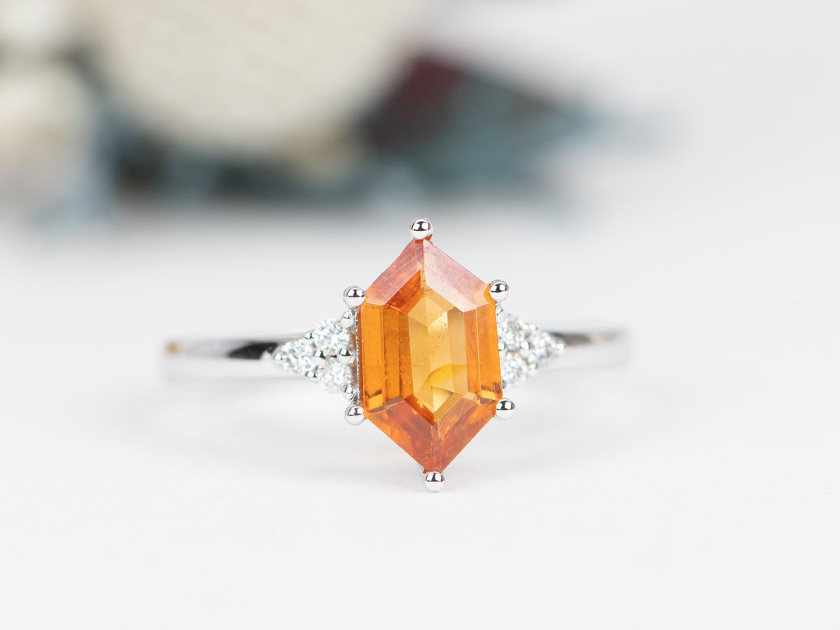 1.41ct Hexagon Shape Mandarin Garnet Engagement Ring 14K White Gold Trio Diamond Sides AD1756-10 Aurora Designer