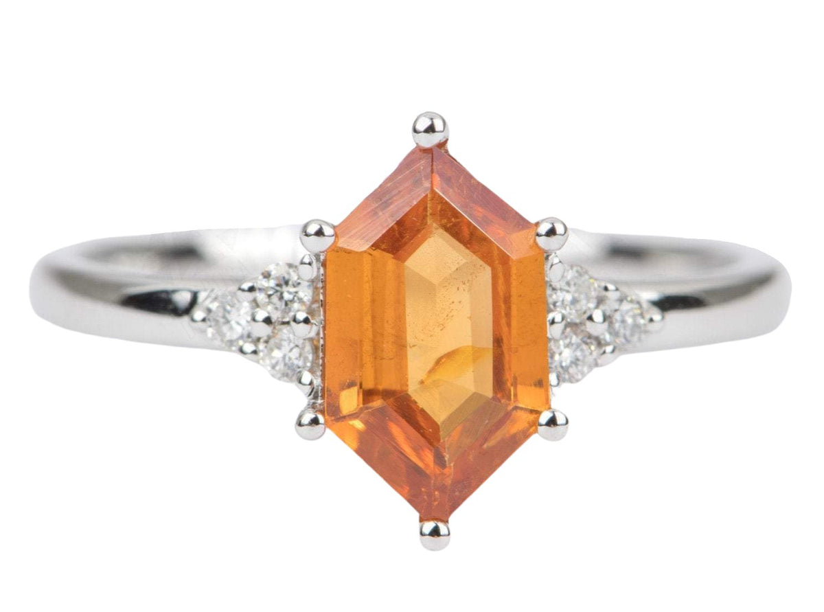 1.41ct Hexagon Shape Mandarin Garnet Engagement Ring 14K White Gold Trio Diamond Sides AD1756-10 Aurora Designer