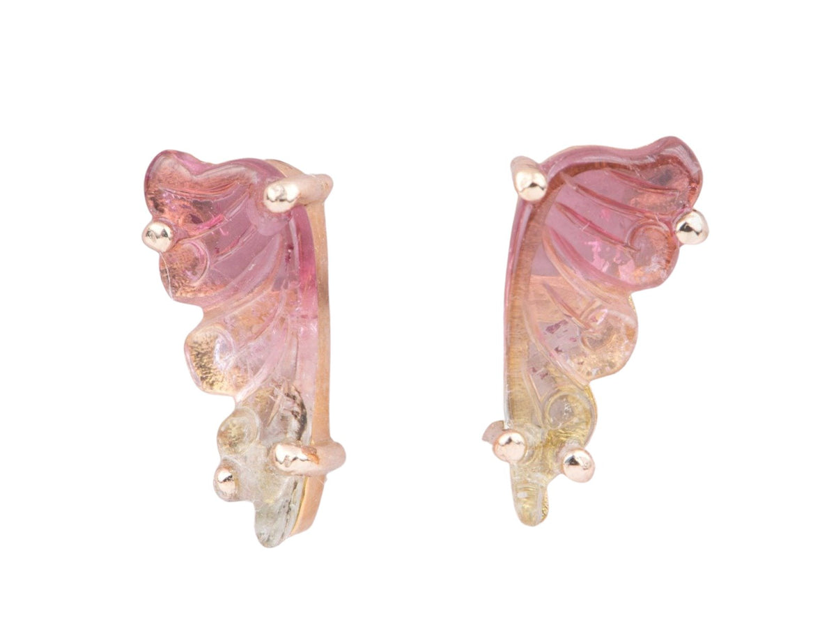 Tourmaline Carved Butterfly Unique Earrings 14K Rose Gold Ear Studs Nature Theme Gemstone AD1768-2 Aurora Designer
