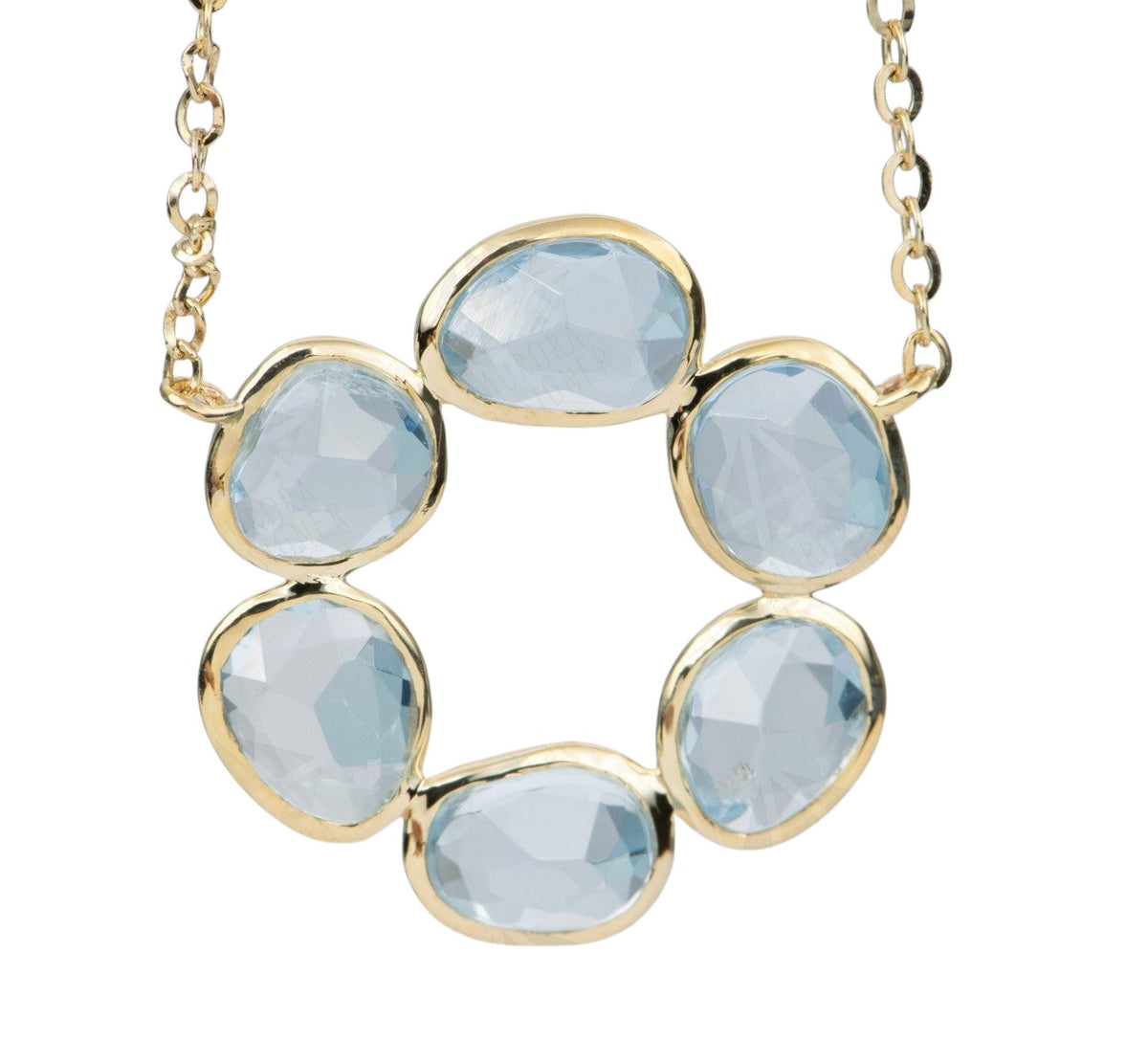 2.3ct Aquamarine Bezel Set Necklace 14K Yellow Gold Circle Pendant Rose Cut OOAK Blue Aqua AD1771 Aurora Designer