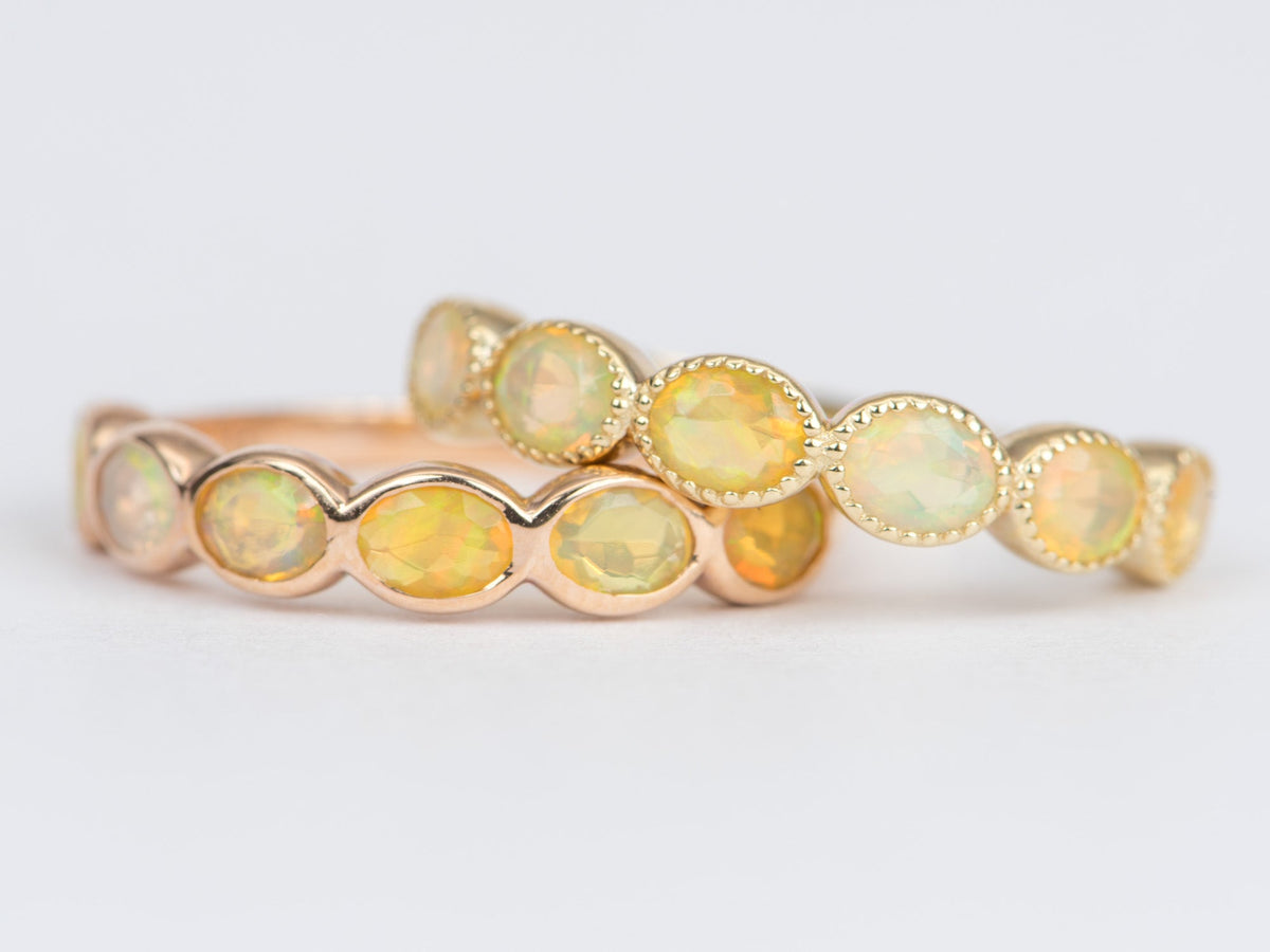 Oval Ethiopian Opal Milgrain Bezel Set Wedding Band 14K Gold AD1796 Aurora Designer