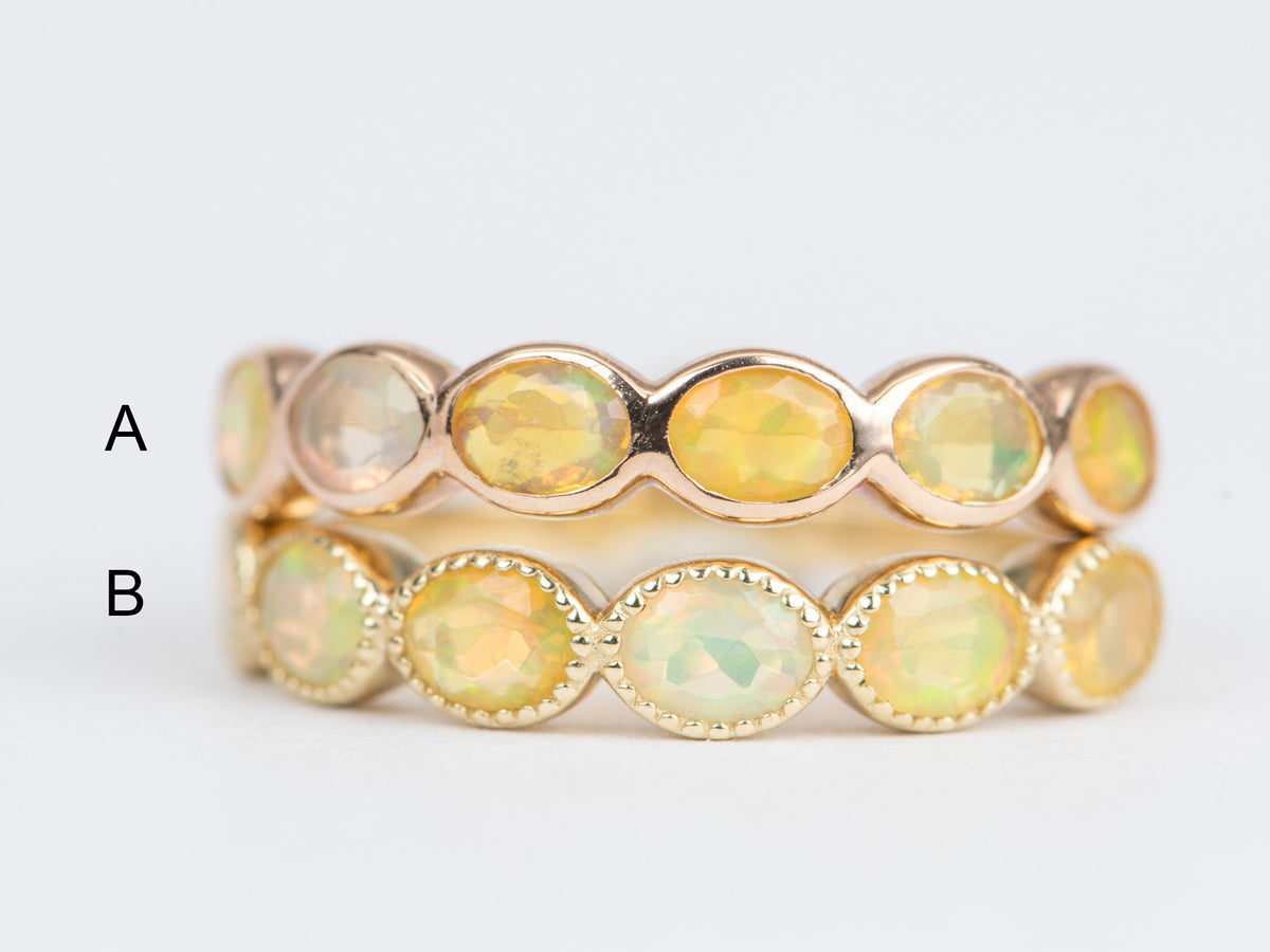 Oval Ethiopian Opal Milgrain Bezel Set Wedding Band 14K Gold AD1796 Aurora Designer