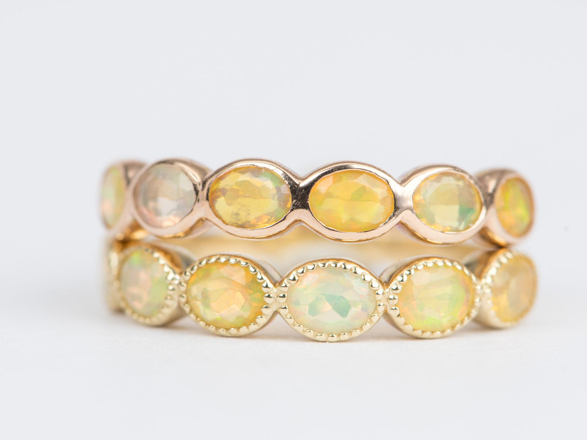 Oval Ethiopian Opal Milgrain Bezel Set Wedding Band 14K Gold AD1796 Aurora Designer