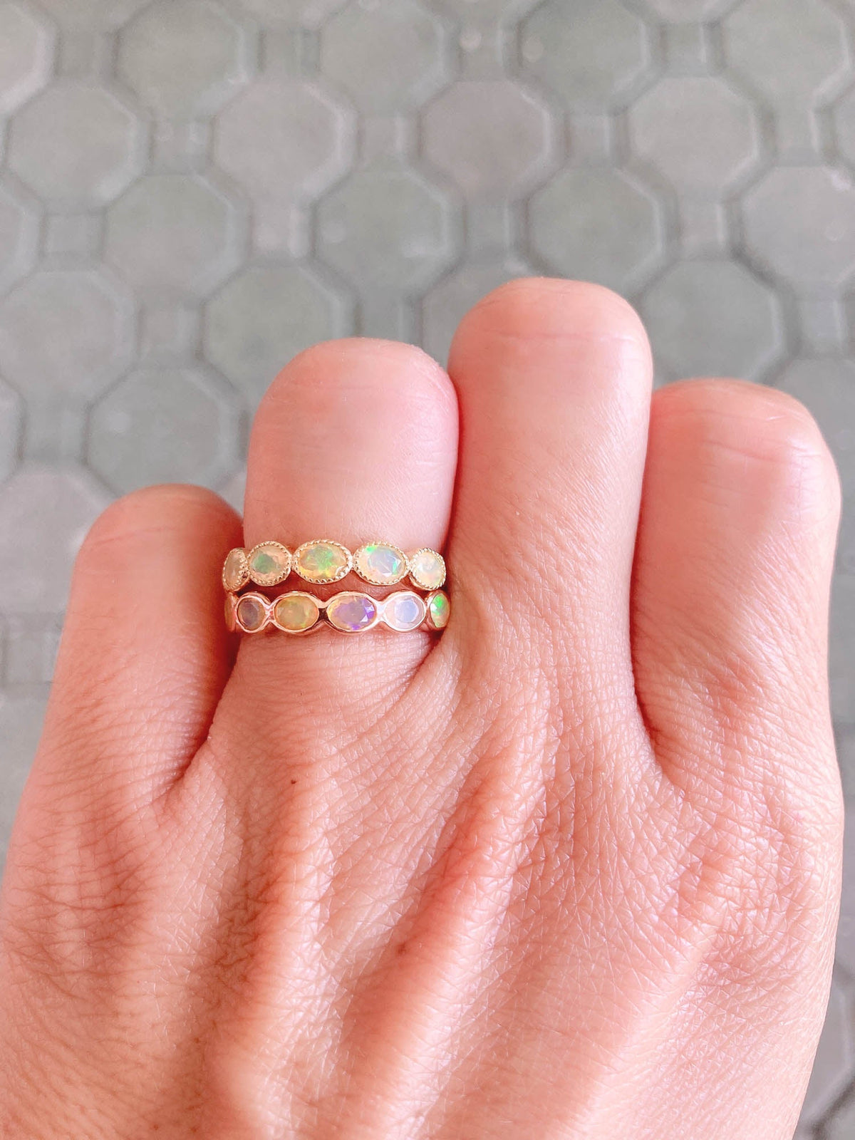 Oval Ethiopian Opal Milgrain Bezel Set Wedding Band 14K Gold AD1796 Aurora Designer