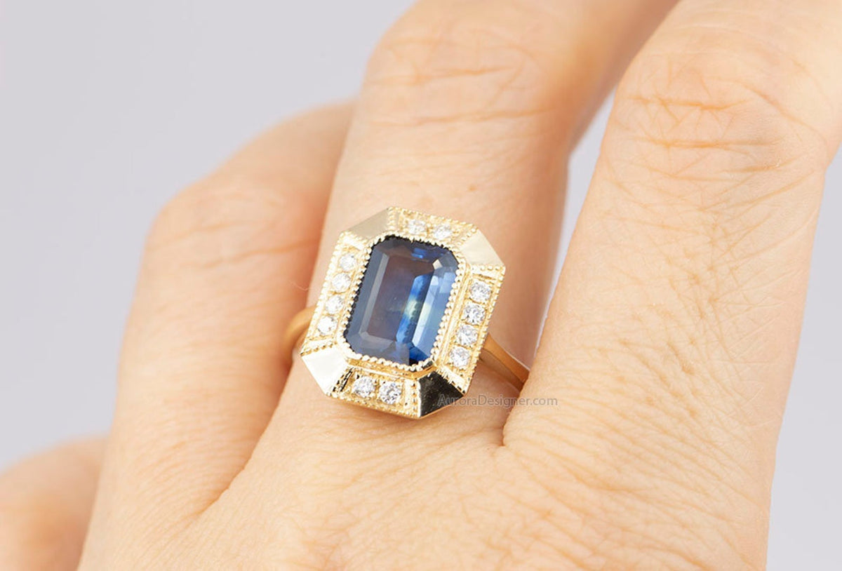 2.25ct Unicorn Sapphire with Diamond Halo Engagement Ring 14K Gold AD1813 Aurora Designer