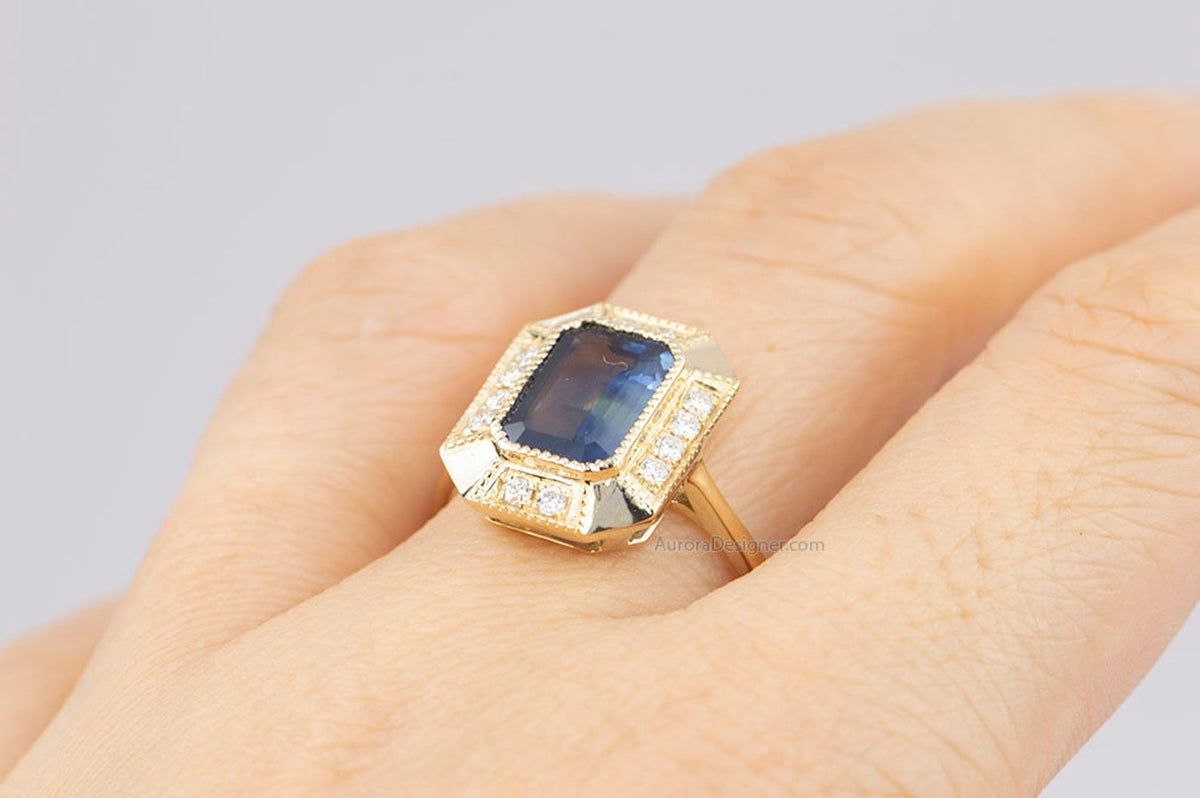 2.25ct Unicorn Sapphire with Diamond Halo Engagement Ring 14K Gold AD1813 Aurora Designer