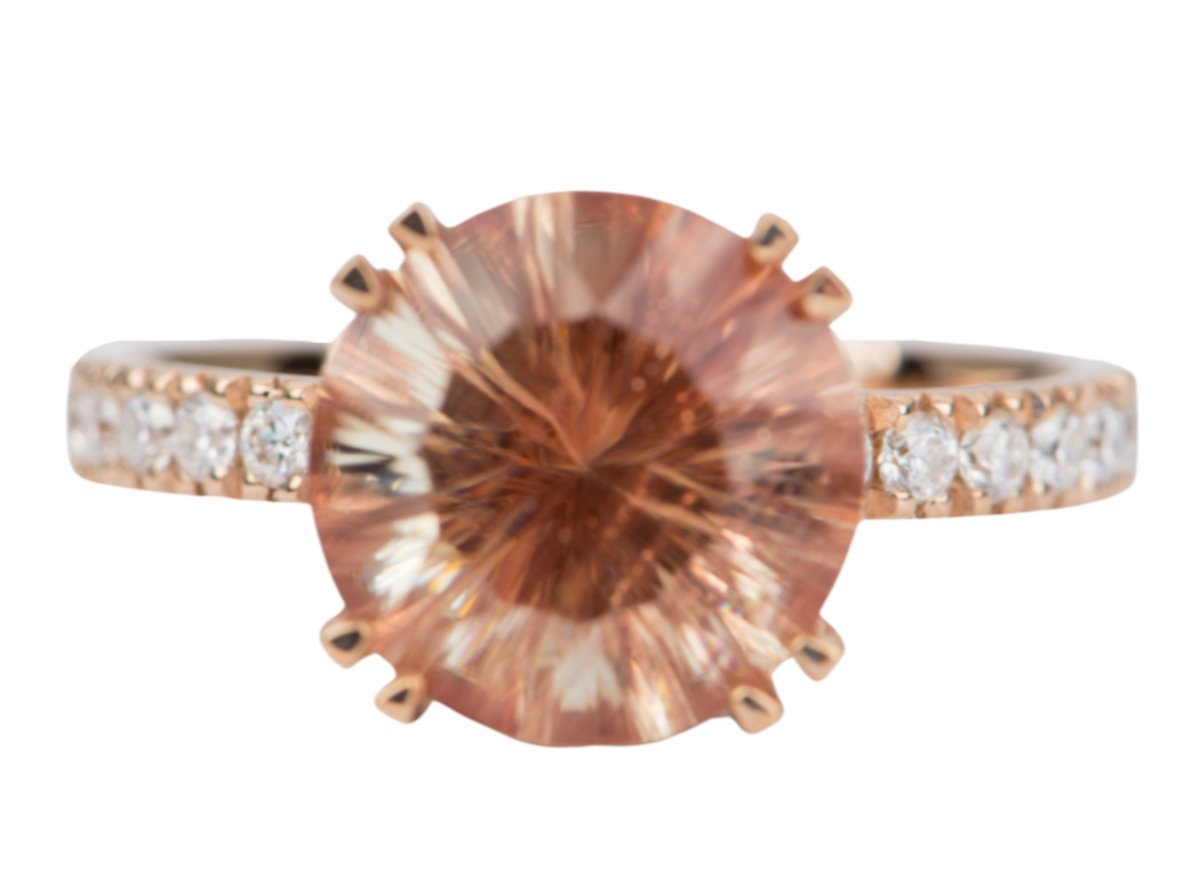 3.09ct Oregon Sunstone Engagement Ring 14K Rose Gold Half Eternity Moissanite Pave Red AD1827-2 Aurora Designer