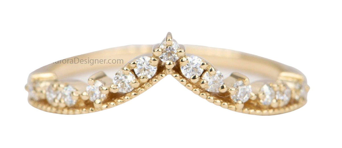 Contoured Diamond Wedding Band 14K Gold Crown Curve Unique Tiara Ring Guard AD1833 Aurora Designer