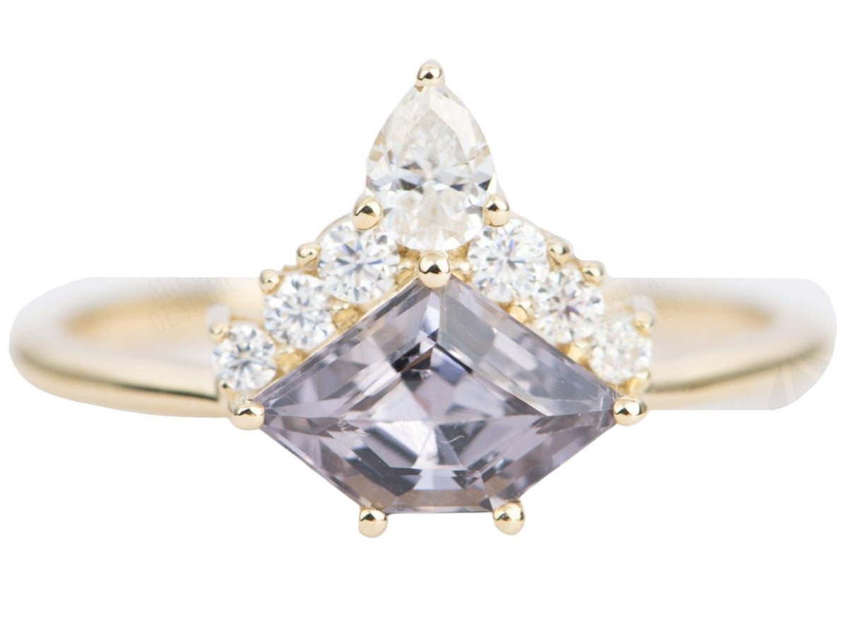 Shield Shape Spinel with Half Halo 14K Yellow Gold Engagement Ring Moissanite Sunburst AD1836-6 Aurora Designer